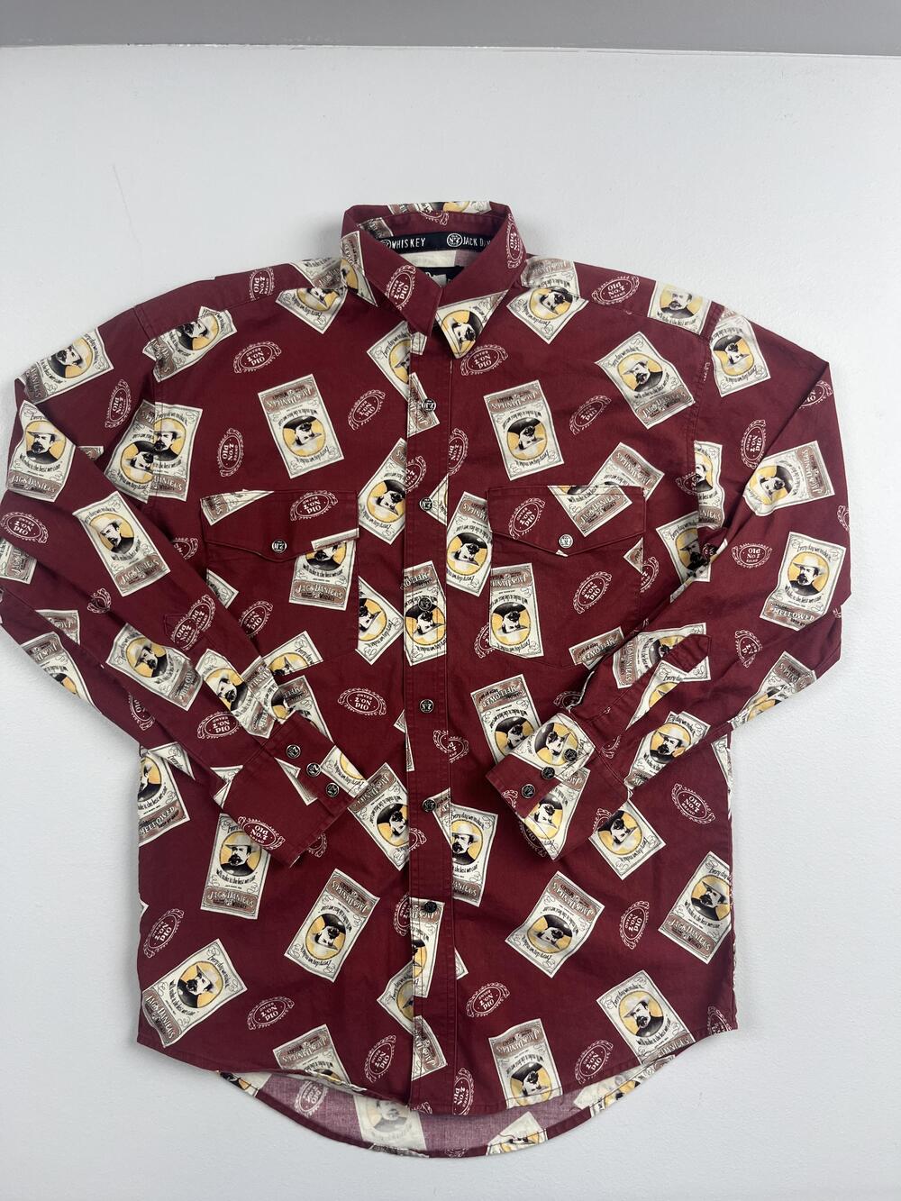 Vintage Jack Daniel's Shirt Mens Red Whiskey Label Graphic Snap Long Sleeve Read